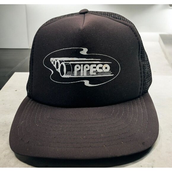Vintage Pipeco Black Snapback Cap Trucker Hat Construction Irrigation Distressed - Picture 1 of 13